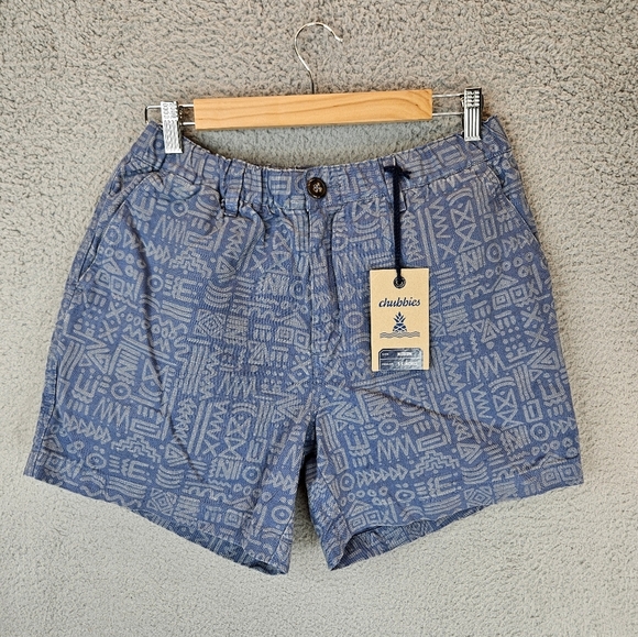Chubbies Shorts Mens Sz M Blue Aztec Print Cotton Linen Blend Elastic Waist - Picture 2 of 11